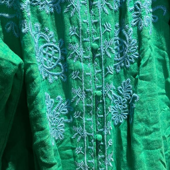 J Jill Embroiderd Green Blouse Linen Blend Sz M Boho Artsy Peasant Casual - Picture 4 of 6